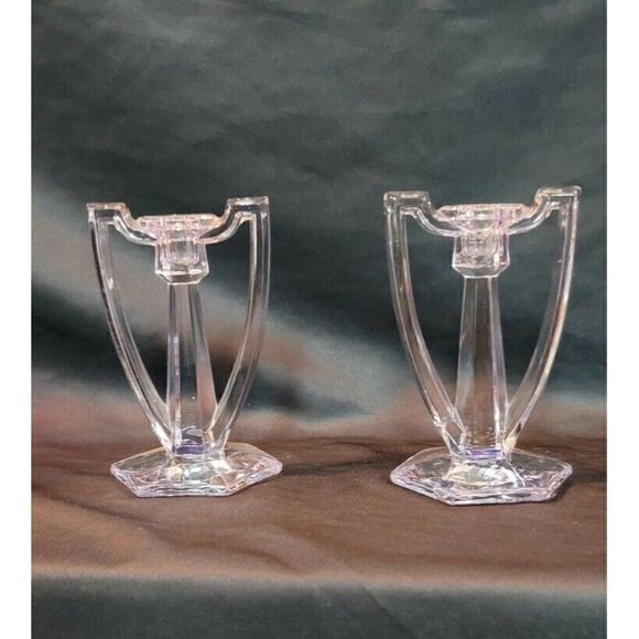 Jefferson or Central Glass Kryst-Tol CHIPPENDALE 4 1/8" Handled Candlestick set - Picture 1 of 9